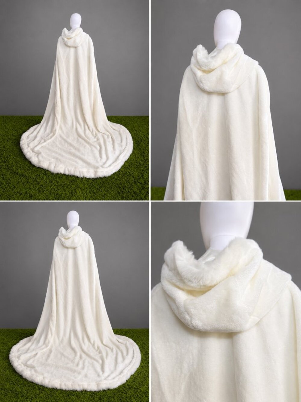 LUX Ivory Faux Fur Hooded Cape Cloak Extra Long Costume Cosplay or Bridal